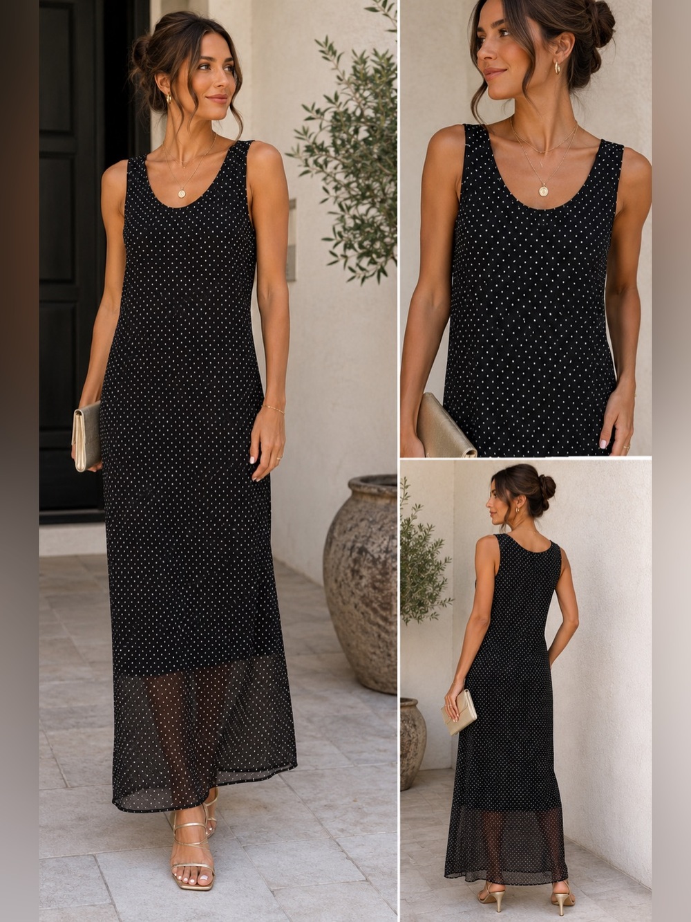 Vintage Style Exchange Black Polka Dot Mesh Maxi Dress Size Large